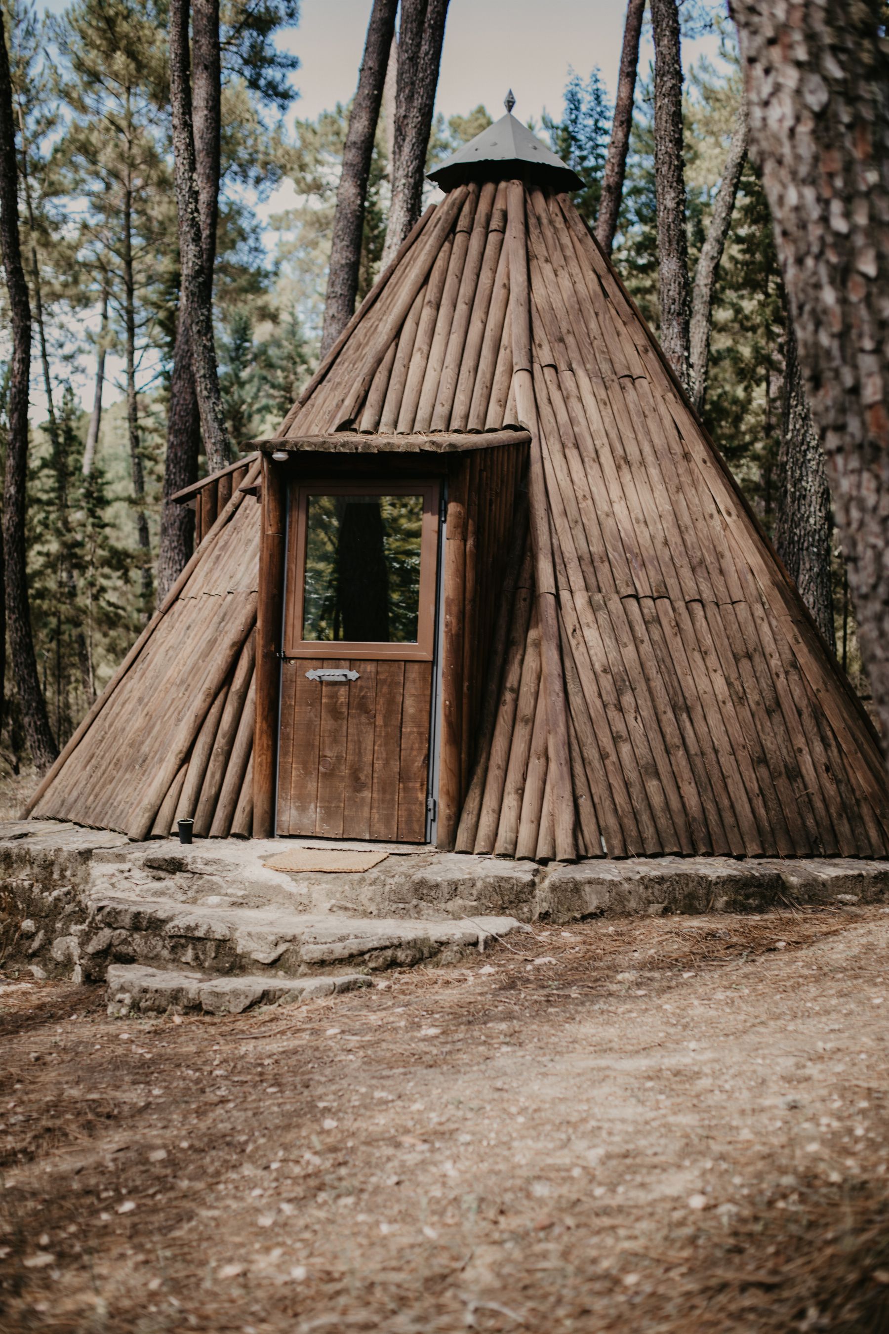 Puerta de lona del tipi abierta al bosque de pinos